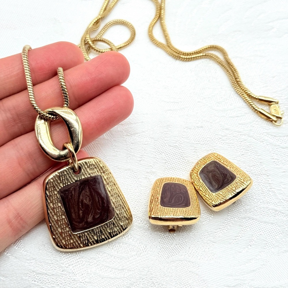 Vintage Ernst Gideon Bek Germany Brown Enamel Earrings and 29" Necklace Set‎